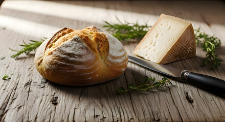 Fresh artisan bread loaf with cheese on rustic wooden table, natural daylight photography of homemade bakery and dairy product, cozy countryside breakfast, organic food lifestyle concept