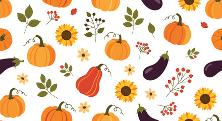 A festive pattern featuring pumpkins sunflowers and aubergines for autumn occasions.