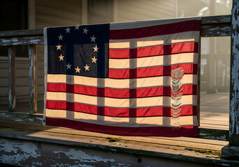 Backlit Betsy Ross Flag on a Weathered Porch