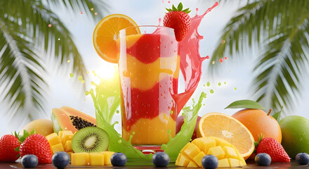 Refreshing tropical fruit juice with pineapple, orange, and berries, colorful summer beverage in tall glass, exotic drink on beach background, healthy vitamin rich fresh drink concept