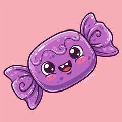 A delightfully happy, purple candy illustrated in a cute kawaii style with a big smile.