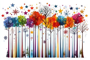 Colorful winter trees with stars and snowflakes in a vector illustration on a white background