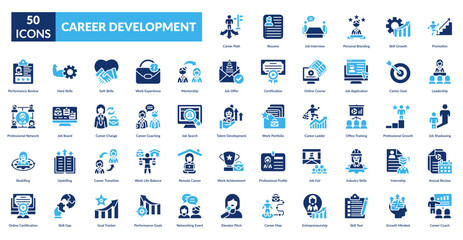Career Development Fill Icon Set. Career Path, Resume Document, Interview Tips, Personal Branding Strategy, Skill Enhancement, Promotion Opportunity, Leadership Skills