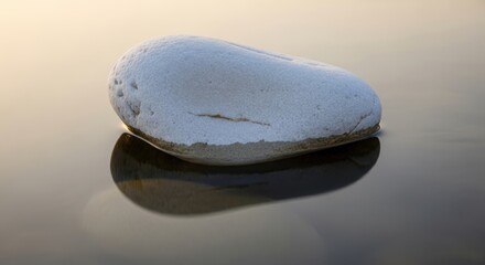 A smooth white stone rests peacefully on the surface of calm water, creating a perfect reflection