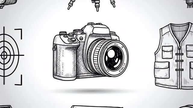 Photographic Equipment Illustrations on White Background in Black and White Sketch Style, Includes Camera, Tripod, and Other Accessories