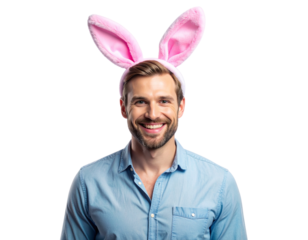 - A cheerful adult man facing forward, smiling widely while wearing fluffy pink bunny ears, casual pastel clothing and friendly expression, bright lighting with soft shadows, iso