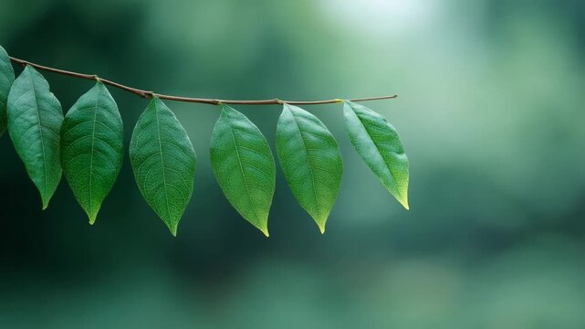 Green leaf branch nature background close up fresh foliage natural pattern vibrant color peaceful mood outdoor summer growth healthy plant with green leaves hanging thin branch, showcasing natural