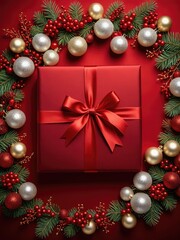 A red Christmas gift box with a ribbon, framed by festive ornaments