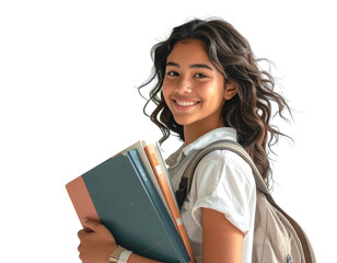 A happy teen student girl viewed from a slight side angle, clutching her books to her chest and smiling confidently, backpack strap visible over one shoulder, c