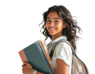 A happy teen student girl viewed from a slight side angle, clutching her books to her chest and smiling confidently, backpack strap visible over one shoulder, c