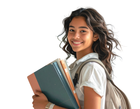 A happy teen student girl viewed from a slight side angle, clutching her books to her chest and smiling confidently, backpack strap visible over one shoulder, c
