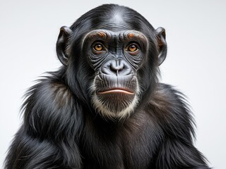Fototapeta premium Chimpanzee portrait. Detailed face, fur, and striking eyes. Against a white background