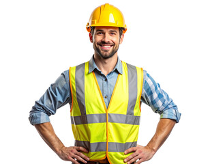 A cheerful male construction worker standing confidently, wearing a yellow hard hat and reflective safety vest over casual work clothes, smiling directly at the camera with hands relaxed at sides, 