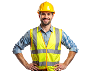 A cheerful male construction worker standing confidently, wearing a yellow hard hat and reflective safety vest over casual work clothes, smiling directly at the camera with hands relaxed at sides, 