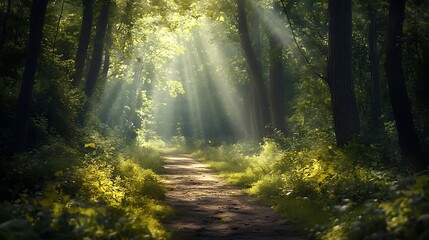 Fototapeta premium Morning sun rays pierce the misty forest path through autumn trees