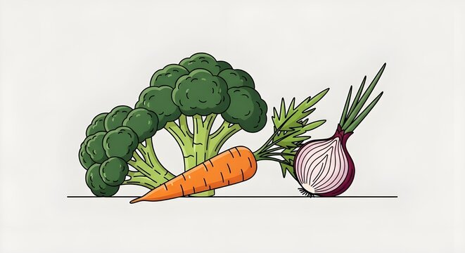 fresh vegetables broccoli carrot red onion illustration