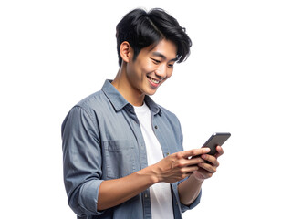 - A cheerful young man viewed from a slight side angle, holding his smartphone with both hands as if typing or browsing, friendly smile and casual stance, soft natural light, clea