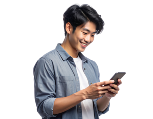 - A cheerful young man viewed from a slight side angle, holding his smartphone with both hands as if typing or browsing, friendly smile and casual stance, soft natural light, clea