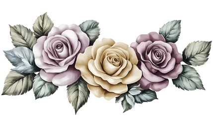 Three muted tone roses with green leaves in a decorative arrangement.