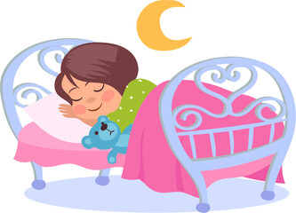 A Girl is Sleeping in Bed with a Teddy