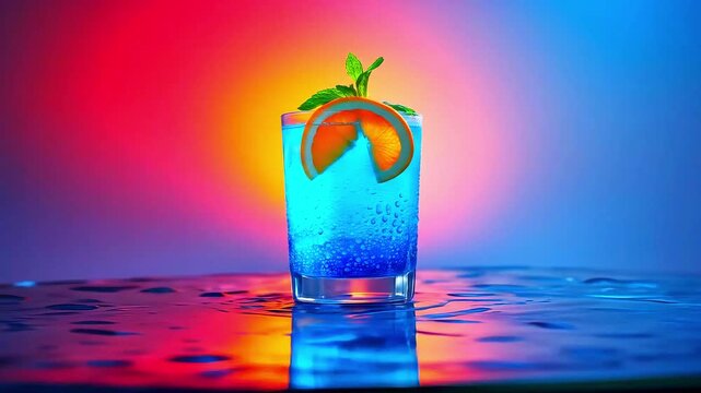 Blue drink in a glass with orange slice and mint against vibrant, colorful, reflective background