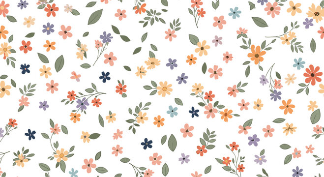 A charming pattern of small scattered wildflowers in soft pastel colors on a white background.