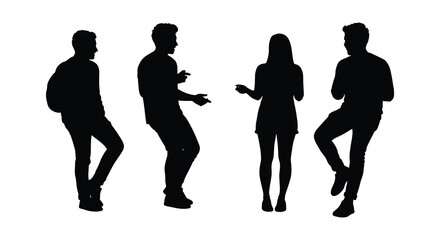 Four diverse people standing and sitting in silhouette against a white background showcasing casual poses and interactions silhouette
