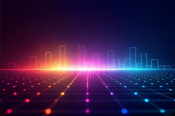 Abstract neon cityscape with holographic gradient pixelated blur and sheen effect