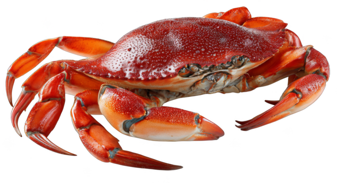 A close-up shot of a cooked red crab showcasing its bright red shell and orange claws, highlighting its fresh and appetizing appearance.