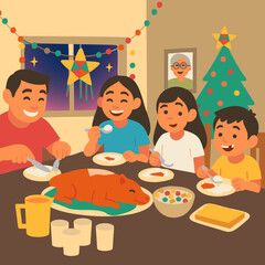 Filipino Noche Buena Vector Scene – Family Christmas Eve Dinner with Lechon and Festive Decorations