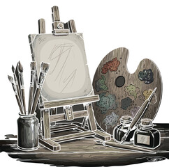 Vintage Hand Drawn Art Supplies Sketch with Wooden Easel, Palette, Brushes, and Ink BottlesVintage Hand Drawn Art Supplies Sketch with Wooden Easel, Palette, Brushes, and Ink Bottles