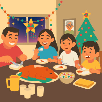 Filipino Noche Buena Vector Scene &ndash; Family Christmas Eve Dinner with Lechon and Festive Decorations
