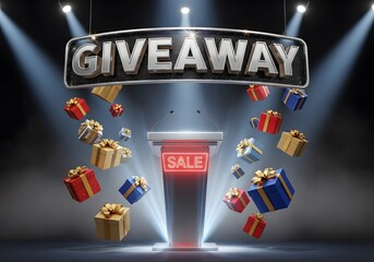 Festive giveaway event with gift boxes and sale sign for holiday promotion and marketing appeal