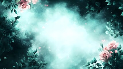 Pink roses bloom in a dreamy, misty, dark teal, magical forest.