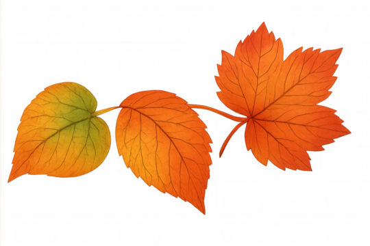 Autumn watercolor leaves illustration showing vibrant maple and deciduous foliage changing color, transparent background