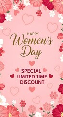 Naklejka premium Happy women's day celebration with floral heart design and special limited time discount offer