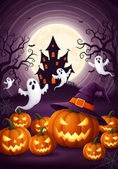 Spooky halloween night with pumpkins, ghosts, and haunted house for festive celebration design