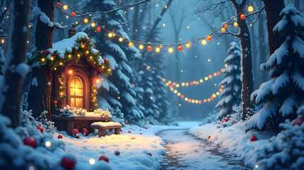 Obraz premium Magical Snowy Forest Path with Festive Holiday Decorations