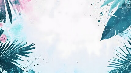 Tropical leaves and rose petals frame a bright, airy background.