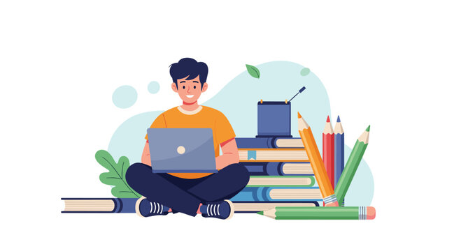 A young person sits cross legged in front of a laptop surrounded by books and pencils.