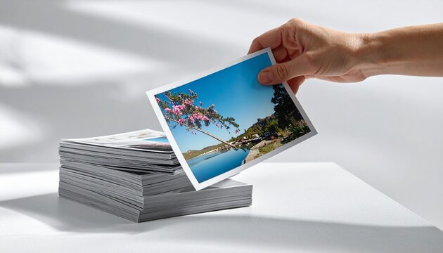 A hand holds a photograph of a tropical landscape above a stack of printed photos on a white surface.