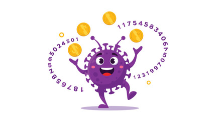 Obraz premium A cartoon virus character is juggling gold coins and numbers around its head.