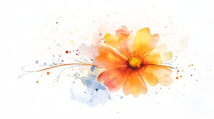 Watercolor painting of a vibrant orange flower with delicate branches and splatters.
