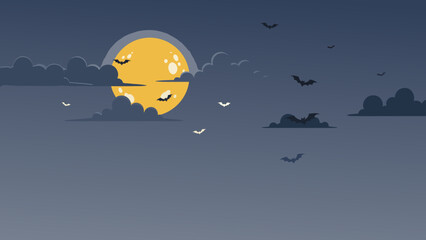 Moody night scene featuring a bright yellow moon behind layered clouds, with silhouettes of bats across a deep blue sky. Ideal for Halloween, spooky, nocturnal, or mysterious mood visuals