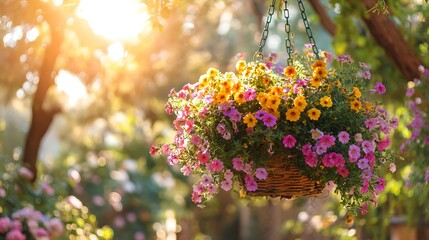 Hanging flower basket blooms vibrantly in warm sunlight.