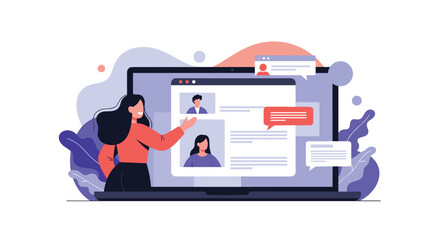 Illustrating a woman presenting her online profile and communication on a laptop screen.