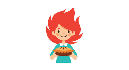 A cute little girl with red hair holding a freshly baked pie.