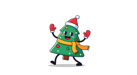 A cheerful cartoon Christmas tree wearing a hat and scarf dancing merrily.