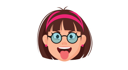 A close up of a cartoon girl's face sticking her tongue out and wearing glasses.