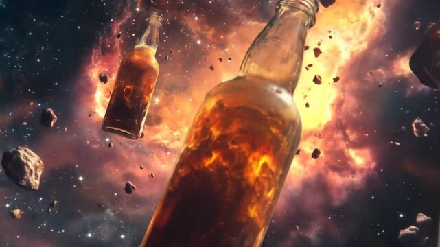 Floating bottles against a nebula backdrop illustrative render